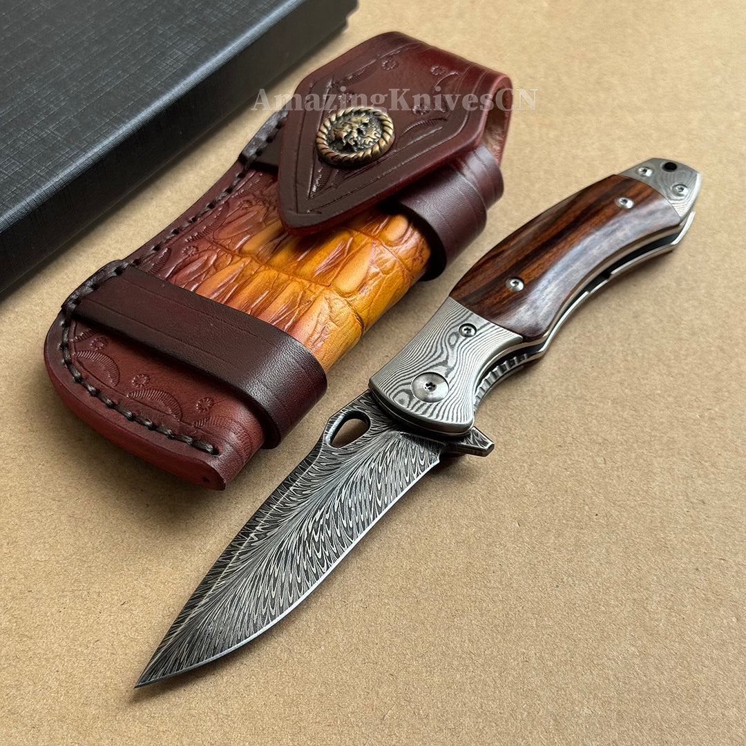 Handcrafted Feather Damascus Folding Knife Desert Ironwood Bone Handle - AK-HT1061