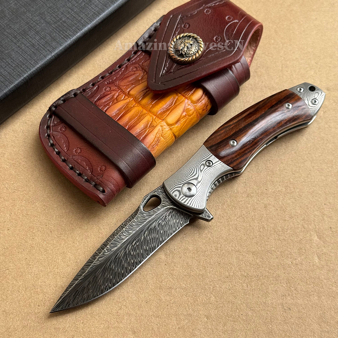 Handcrafted Feather Damascus Folding Knife Desert Ironwood Bone Handle - AK-HT1061