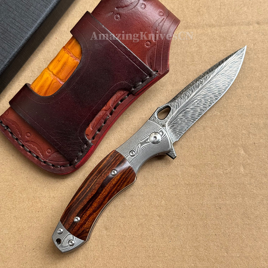 Handcrafted Feather Damascus Folding Knife Desert Ironwood Bone Handle - AK-HT1061
