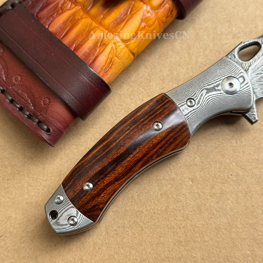 Handcrafted Feather Damascus Folding Knife Desert Ironwood Bone Handle - AK-HT1061