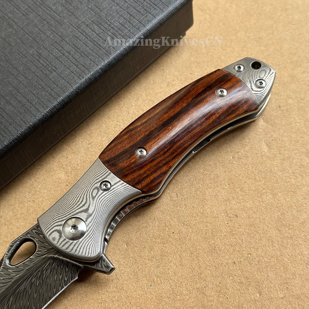Handcrafted Feather Damascus Folding Knife Desert Ironwood Bone Handle - AK-HT1061