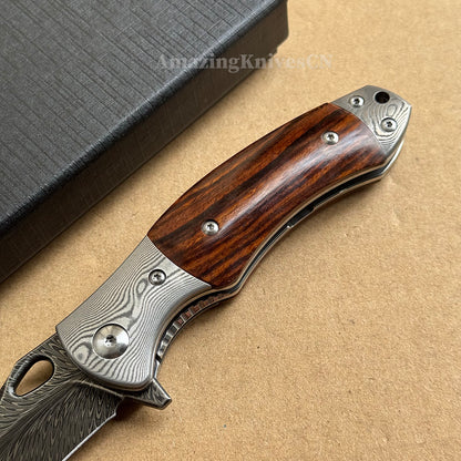 Handcrafted Feather Damascus Folding Knife Desert Ironwood Bone Handle - AK-HT1061