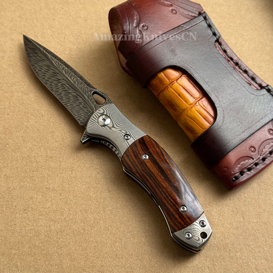 Handcrafted Feather Damascus Folding Knife Desert Ironwood Bone Handle - AK-HT1061