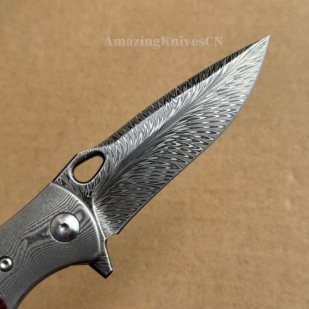Handcrafted Feather Damascus Folding Knife Desert Ironwood Bone Handle - AK-HT1061