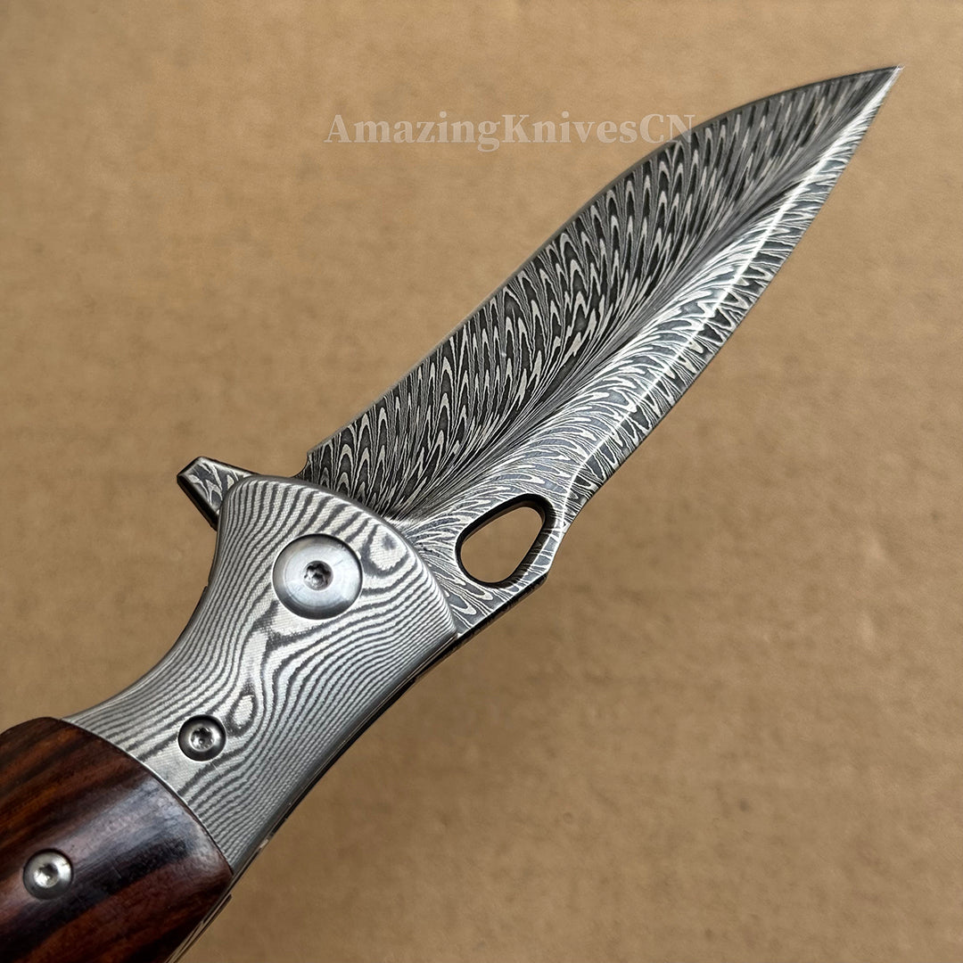 Handcrafted Feather Damascus Folding Knife Desert Ironwood Bone Handle - AK-HT1061