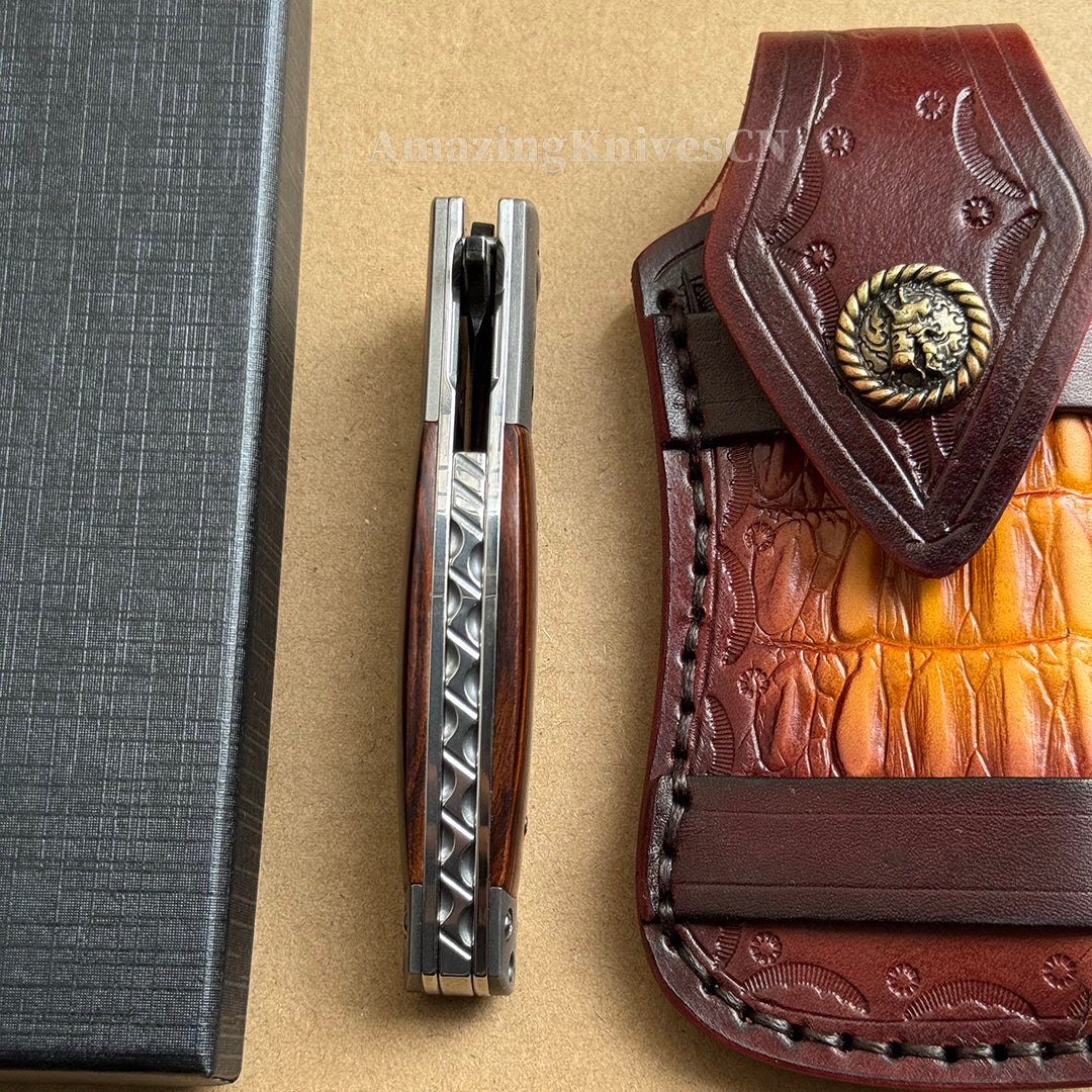 Handcrafted Feather Damascus Folding Knife Desert Ironwood Bone Handle - AK-HT1061