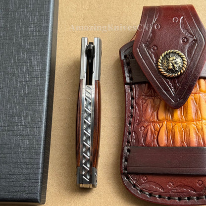 Handcrafted Feather Damascus Folding Knife Desert Ironwood Bone Handle - AK-HT1061