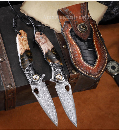 Handcrafted Damascus Folding Knife – VG10 Core | Exquisite Resin & Burl Wood Handle | EDC / Gift-Ready - AK-HT0997