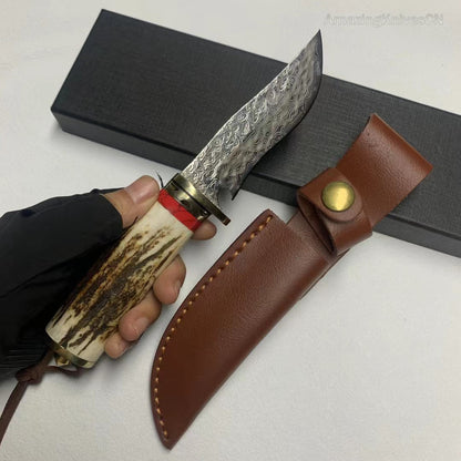 Damascus Hunting Knife Survival Knife Fixed Blade Bowie Stag Horn Handle- AK-HT0947