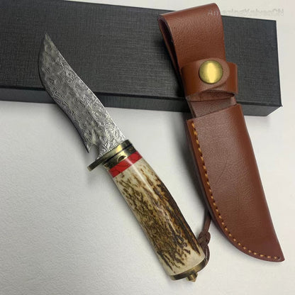 Damascus Hunting Knife Survival Knife Fixed Blade Bowie Stag Horn Handle- AK-HT0947