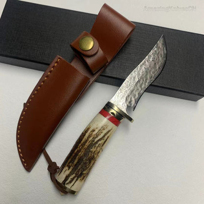 Damascus Hunting Knife Survival Knife Fixed Blade Bowie Stag Horn Handle- AK-HT0947