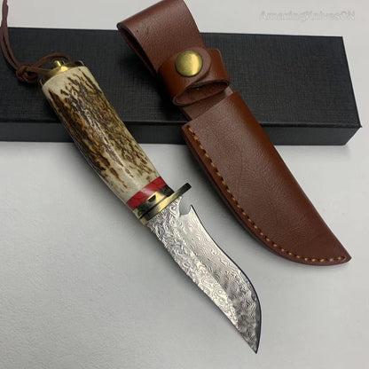 Damascus Hunting Knife Survival Knife Fixed Blade Bowie Stag Horn Handle- AK-HT0947