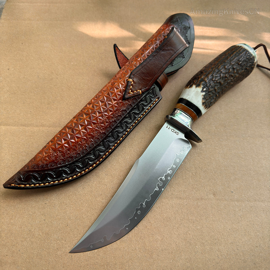 Handmade Japanese Skd-11 Steel Hunting Knife Survival Bowie Knife Full Tang Horn Handle - AK-HT0830