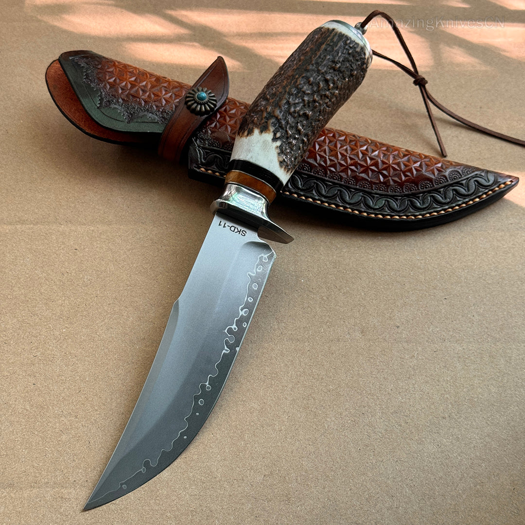 Handmade Japanese Skd-11 Steel Hunting Knife Survival Bowie Knife Full Tang Horn Handle - AK-HT0830