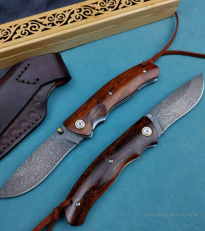 Handmade Wootz Steel Folding Knife Pocket Knives Outdoor Collectible Knife Desert Ironwood Handle - AK-HT0840