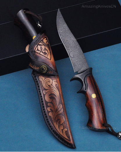 Handcrafted Wootz Steel Fixed Blade Outdoor Collectible Knife Desert Ironwood Handle with Leather Sheath - AK-HT0838