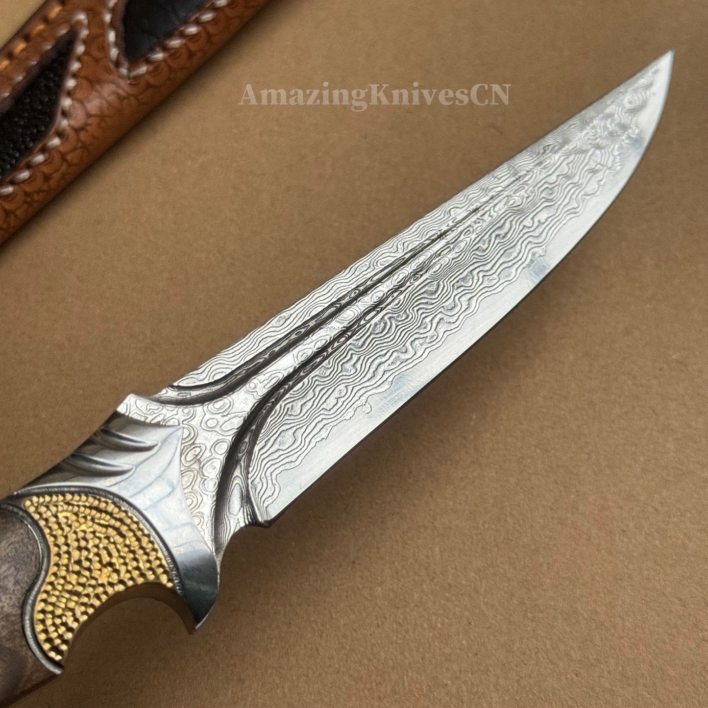 VG10 DAMASCUS HUNTING KNIFE FIXED BLADE FULL TANG - AK-HT0442-O