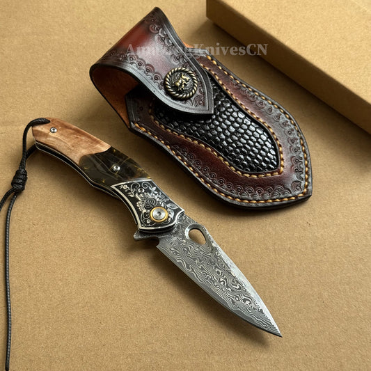 Handcrafted Damascus Folding Knife – VG10 Core | Exquisite Resin & Burl Wood Handle | EDC / Gift-Ready - AK-HT0997