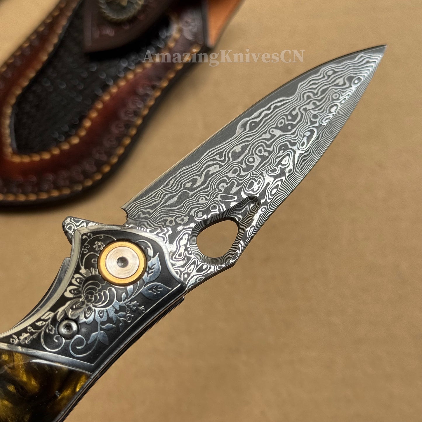 Handcrafted Damascus Folding Knife – VG10 Core | Exquisite Resin & Burl Wood Handle | EDC / Gift-Ready - AK-HT0997
