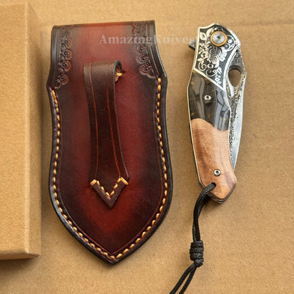 Handcrafted Damascus Folding Knife – VG10 Core | Exquisite Resin & Burl Wood Handle | EDC / Gift-Ready - AK-HT0997