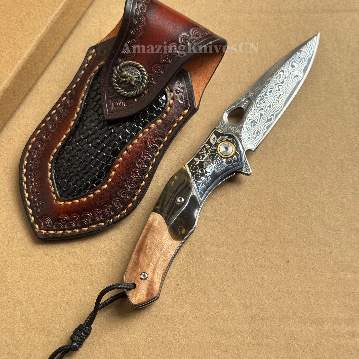 Handcrafted Damascus Folding Knife – VG10 Core | Exquisite Resin & Burl Wood Handle | EDC / Gift-Ready - AK-HT0997