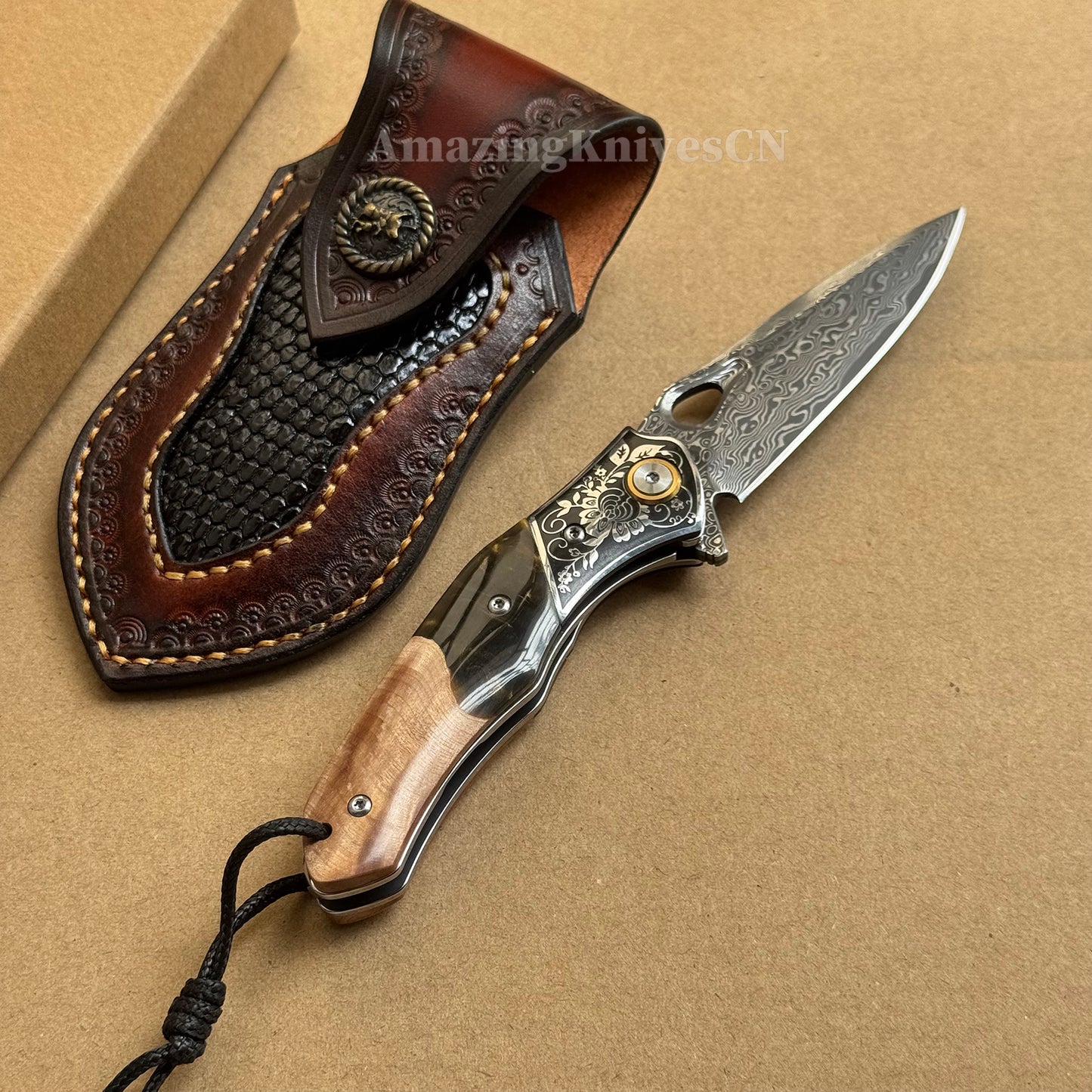 Handcrafted Damascus Folding Knife – VG10 Core | Exquisite Resin & Burl Wood Handle | EDC / Gift-Ready - AK-HT0997
