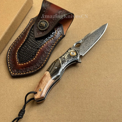 Handcrafted Damascus Folding Knife – VG10 Core | Exquisite Resin & Burl Wood Handle | EDC / Gift-Ready - AK-HT0997
