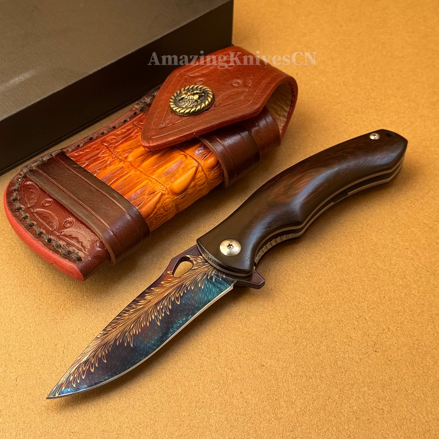 Collectible Feather Knife Folding Pocket Knife Survival Tactical Ball Bearing Flipper with Leather Sheath - AK-HT1010