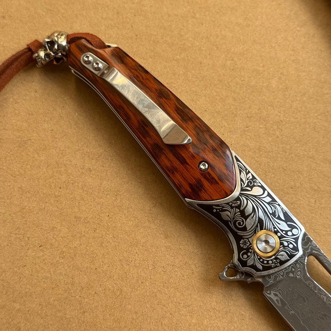 Bamboo Eye – VG10 Damascus Pocket Knife Snakewood Handle with Clip - AK-HT1006