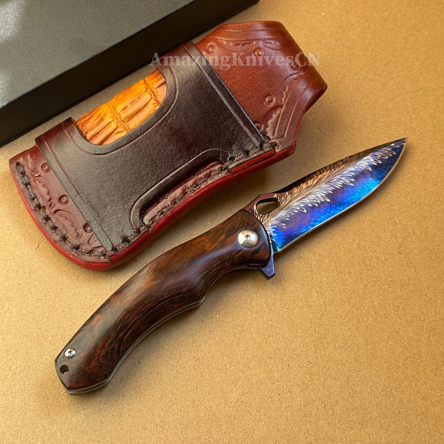 Collectible Feather Knife Folding Pocket Knife Survival Tactical Ball Bearing Flipper with Leather Sheath - AK-HT1010