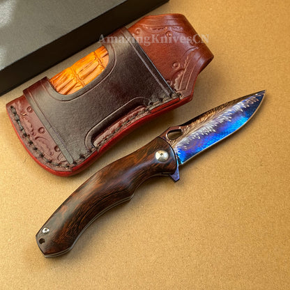 Collectible Feather Knife Folding Pocket Knife Survival Tactical Ball Bearing Flipper with Leather Sheath - AK-HT1010