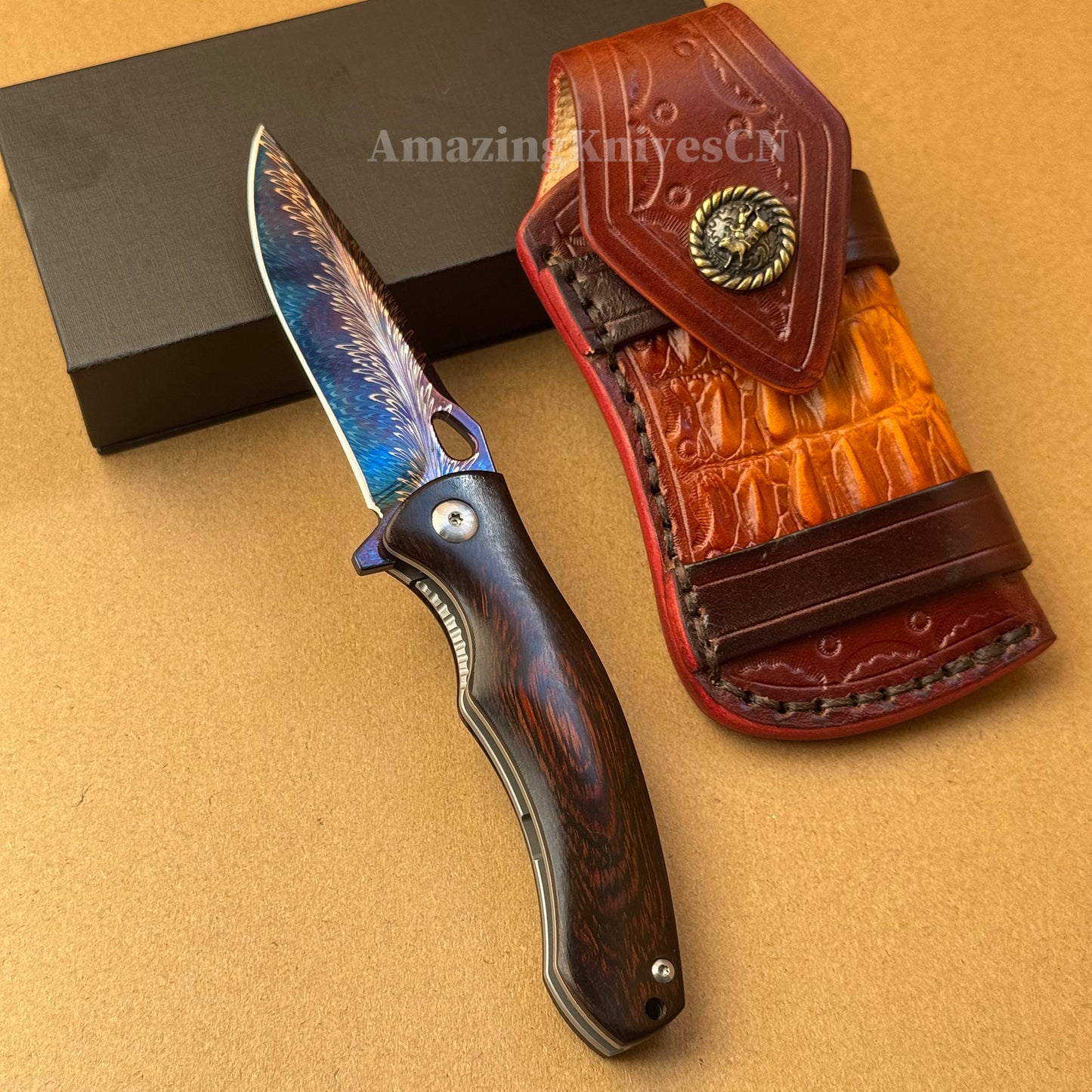 Collectible Feather Knife Folding Pocket Knife Survival Tactical Ball Bearing Flipper with Leather Sheath - AK-HT1010