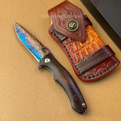 Collectible Feather Knife Folding Pocket Knife Survival Tactical Ball Bearing Flipper with Leather Sheath - AK-HT1010