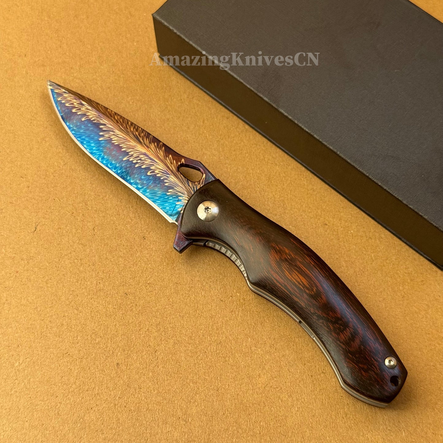 Collectible Feather Knife Folding Pocket Knife Survival Tactical Ball Bearing Flipper with Leather Sheath - AK-HT1010