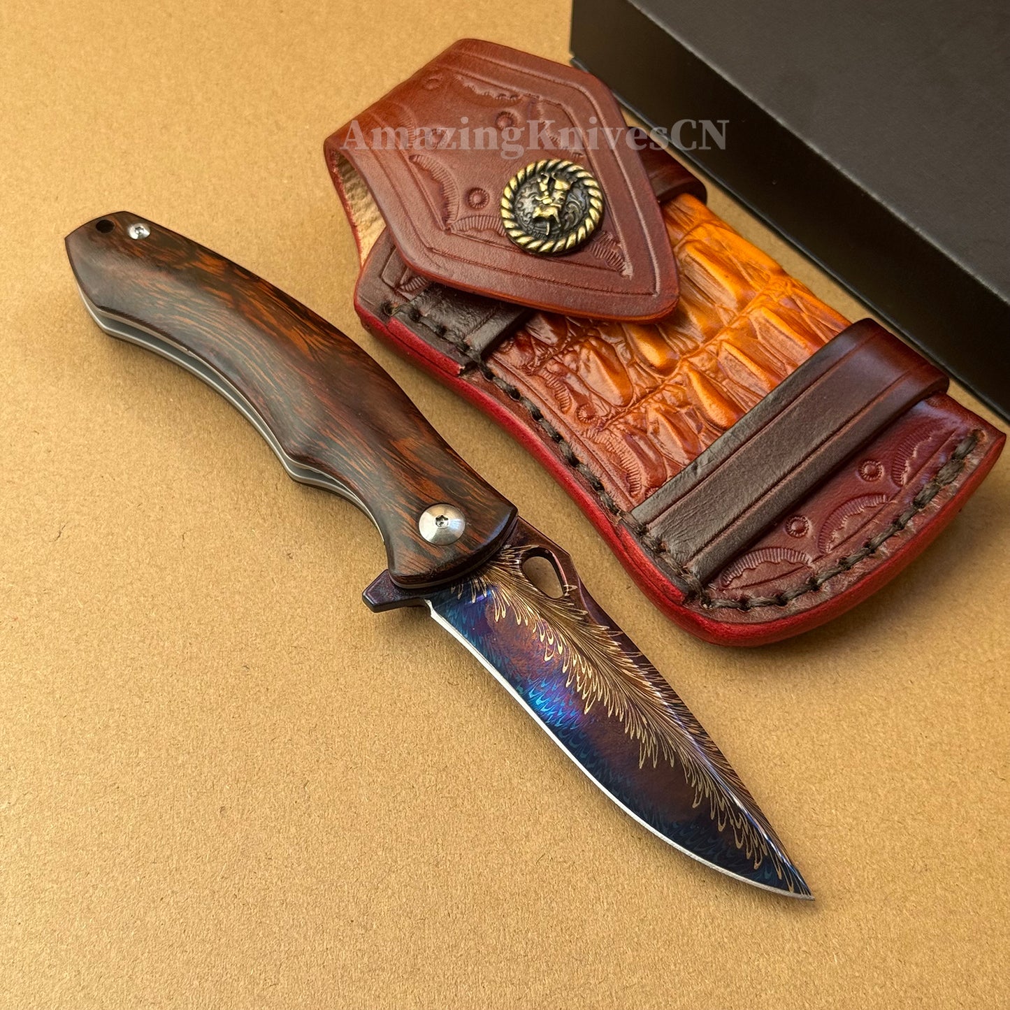 Collectible Feather Knife Folding Pocket Knife Survival Tactical Ball Bearing Flipper with Leather Sheath - AK-HT1010