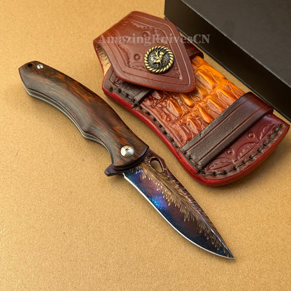 Collectible Feather Knife Folding Pocket Knife Survival Tactical Ball Bearing Flipper with Leather Sheath - AK-HT1010