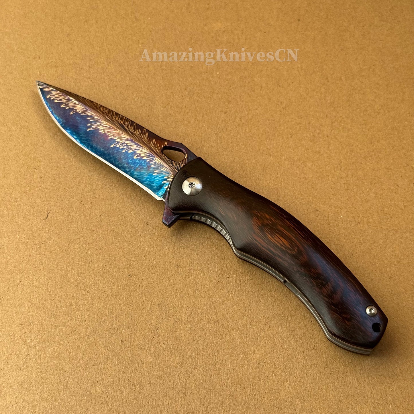 Collectible Feather Knife Folding Pocket Knife Survival Tactical Ball Bearing Flipper with Leather Sheath - AK-HT1010