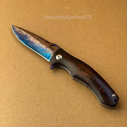 Collectible Feather Knife Folding Pocket Knife Survival Tactical Ball Bearing Flipper with Leather Sheath - AK-HT1010