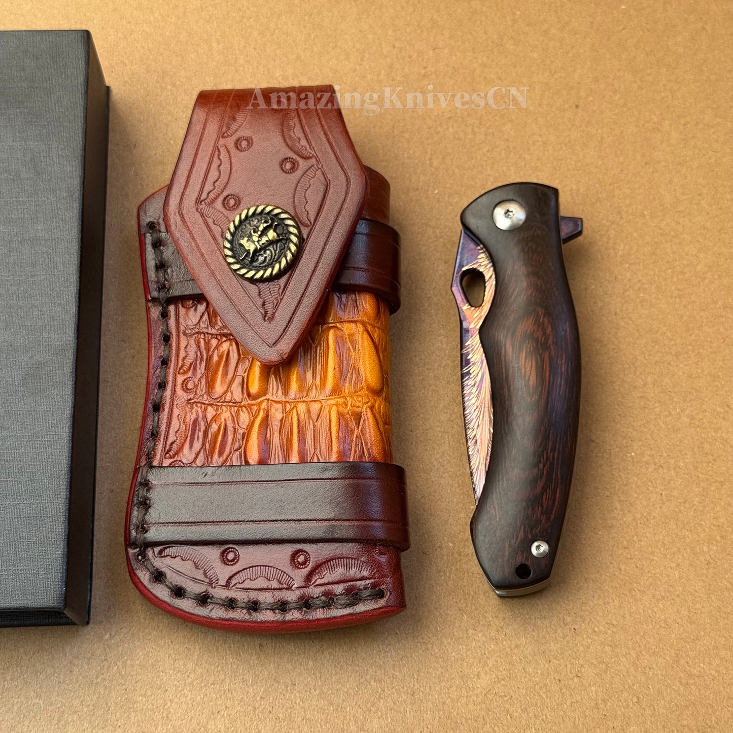 Collectible Feather Knife Folding Pocket Knife Survival Tactical Ball Bearing Flipper with Leather Sheath - AK-HT1010