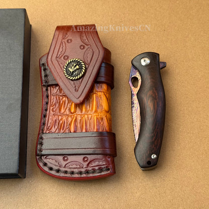 Collectible Feather Knife Folding Pocket Knife Survival Tactical Ball Bearing Flipper with Leather Sheath - AK-HT1010