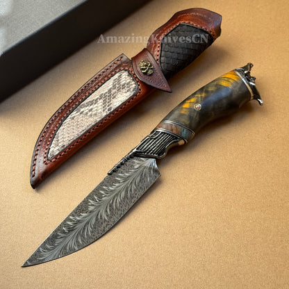 Collectible Feather Damascus Knife with Handmade Italian Snakeskin Leather Sheath - AK-HT1007