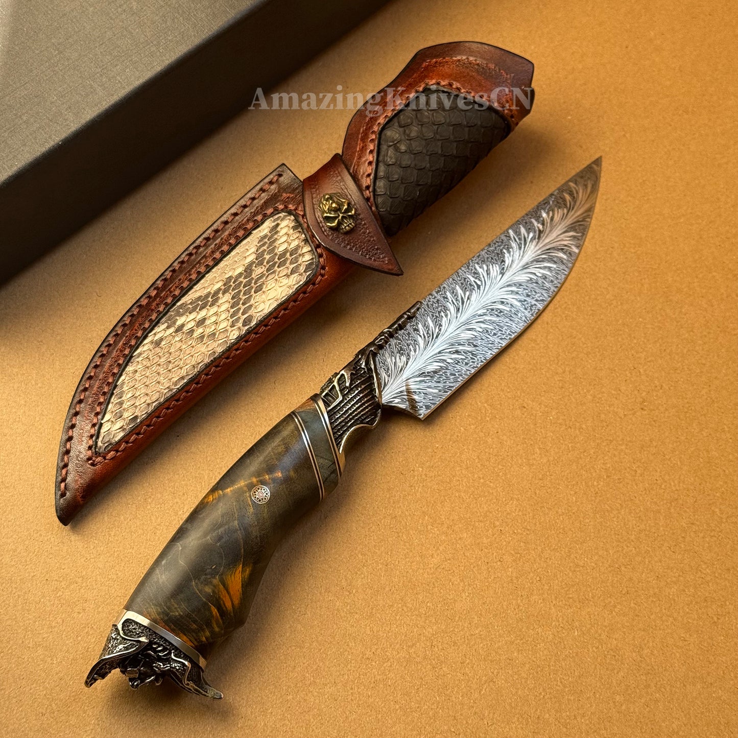 Collectible Feather Damascus Knife with Handmade Italian Snakeskin Leather Sheath - AK-HT1007