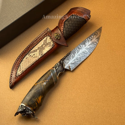 Collectible Feather Damascus Knife with Handmade Italian Snakeskin Leather Sheath - AK-HT1007
