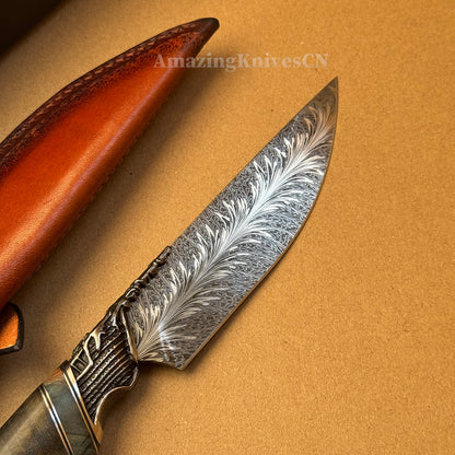 Collectible Feather Damascus Knife with Handmade Italian Snakeskin Leather Sheath - AK-HT1007