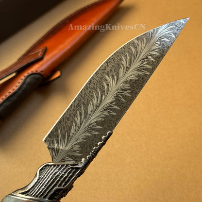 Collectible Feather Damascus Knife with Handmade Italian Snakeskin Leather Sheath - AK-HT1007