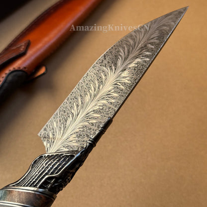 Collectible Feather Damascus Knife with Handmade Italian Snakeskin Leather Sheath - AK-HT1007