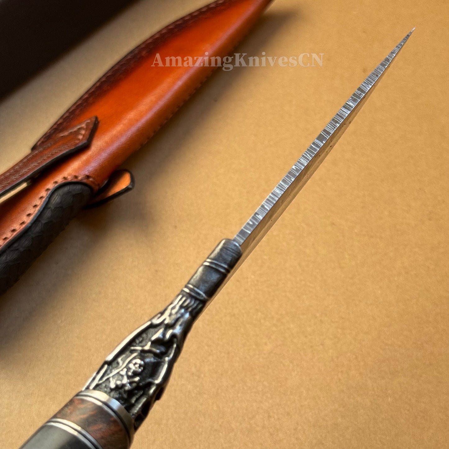 Collectible Feather Damascus Knife with Handmade Italian Snakeskin Leather Sheath - AK-HT1007