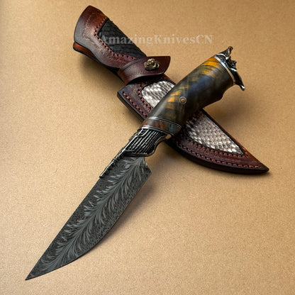Collectible Feather Damascus Knife with Handmade Italian Snakeskin Leather Sheath - AK-HT1007