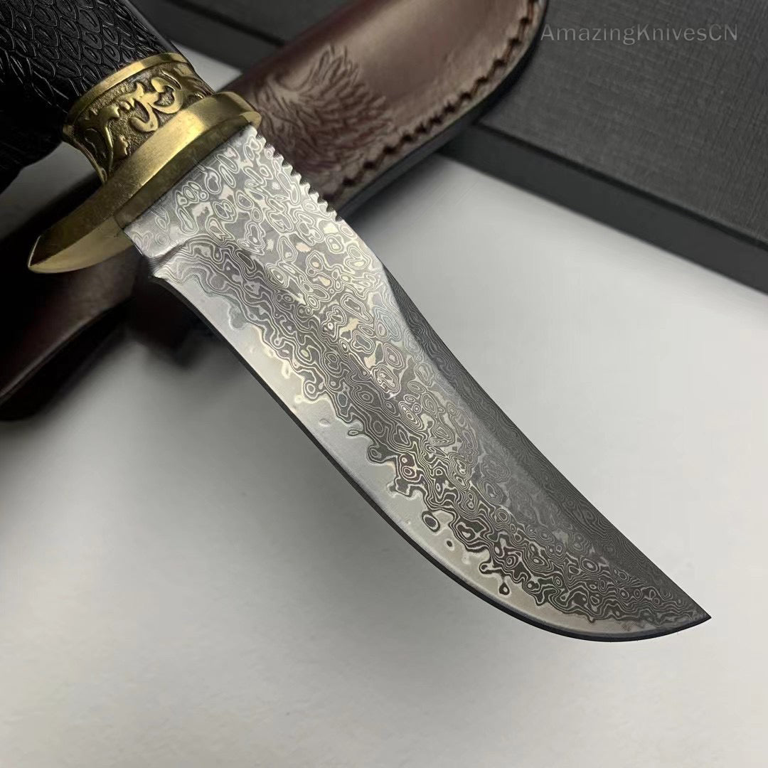 VG10 Damascus Steel Hunting Knife Fixed Blade Ebony Wood Eagle Head - AK-HT0953