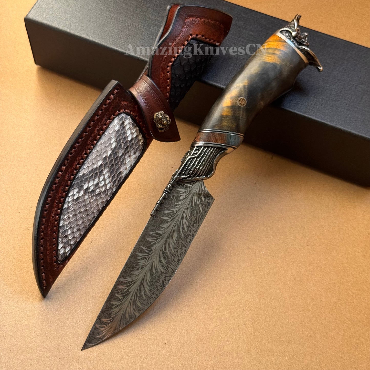 Collectible Feather Damascus Knife with Handmade Italian Snakeskin Leather Sheath - AK-HT1007